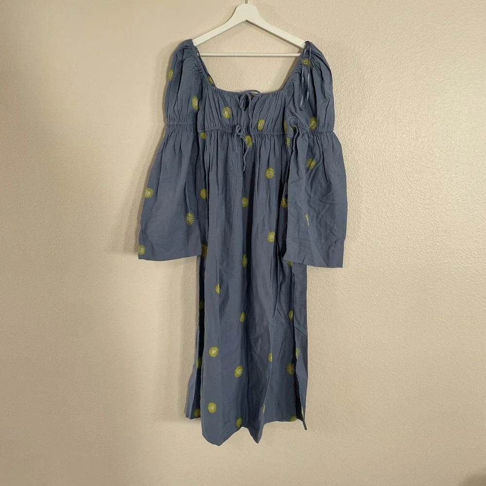 NWOT Free People Sun Embroidery Midi Dress Cottagecore L Blue Summer Linen Boho - Picture 3 of 16